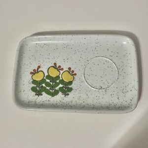 VTG Speckled Ceramic Plate with Yellow Green Beige Flowers MCM